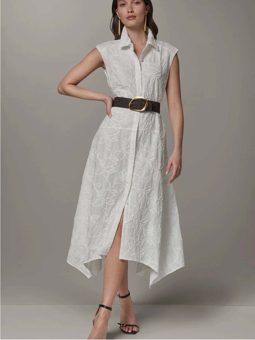 Donna Karan White Sleeveless Embroidered Asymmetrical Shirt Dress with Belt